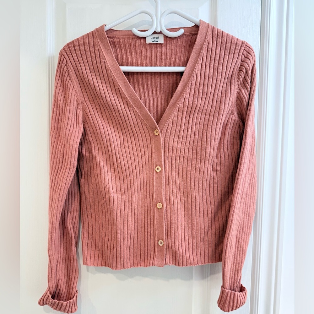 Wilfred Wool Dusty Pink Ribbed Knit Cardigan